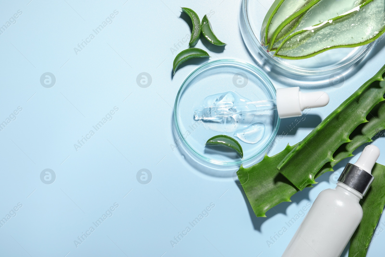 Photo of Flat lay composition with cosmetic products and cut aloe vera on light blue background. Space for text