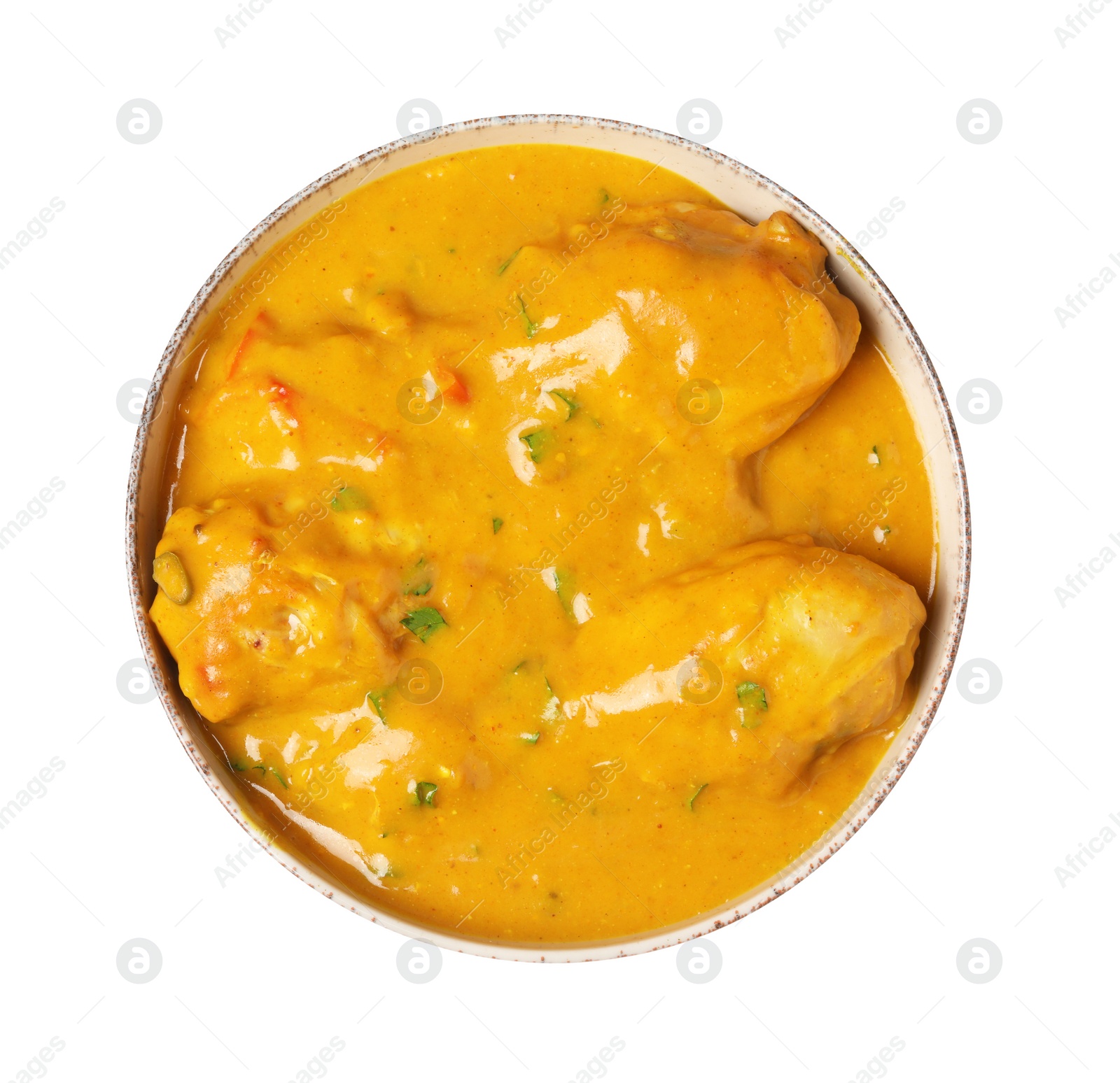 Photo of Tasty chicken curry isolated on white, top view