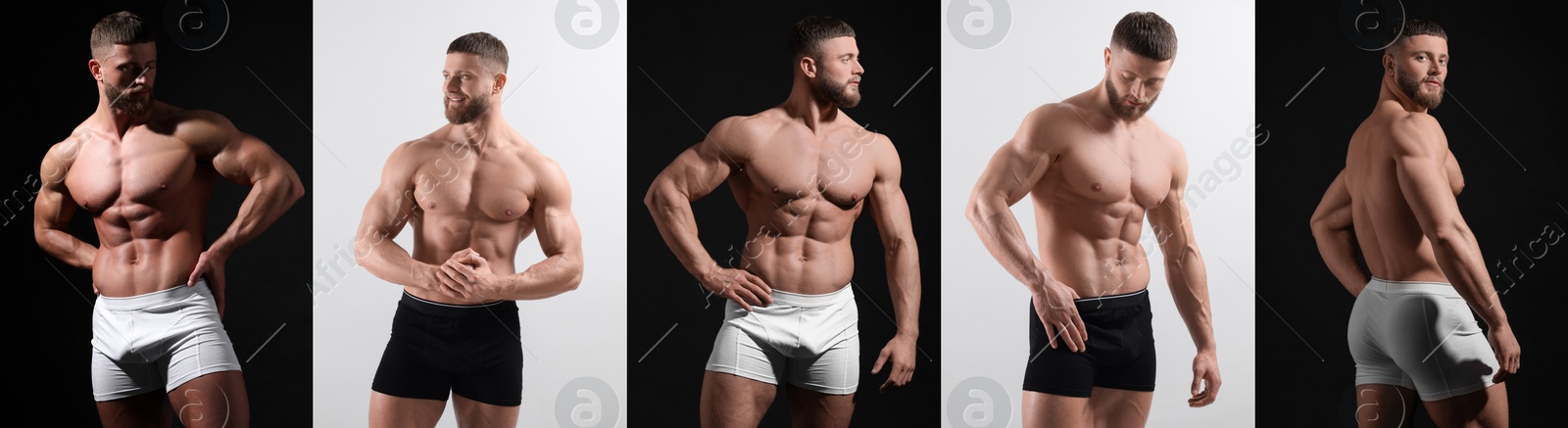 Image of Muscular man in stylish underwear on different backgrounds, collection of photos