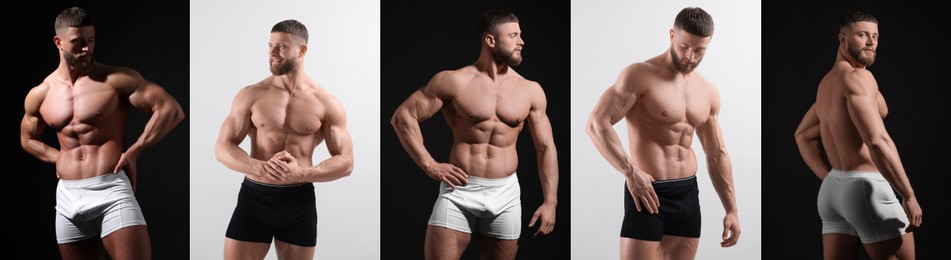 Muscular man in stylish underwear on different backgrounds, collection of photos