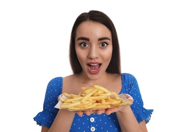 Photo of Excited young woman with French fries on white background
