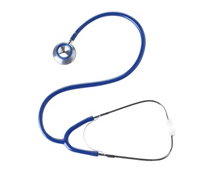 Photo of Stethoscope on white background, top view. Medical device