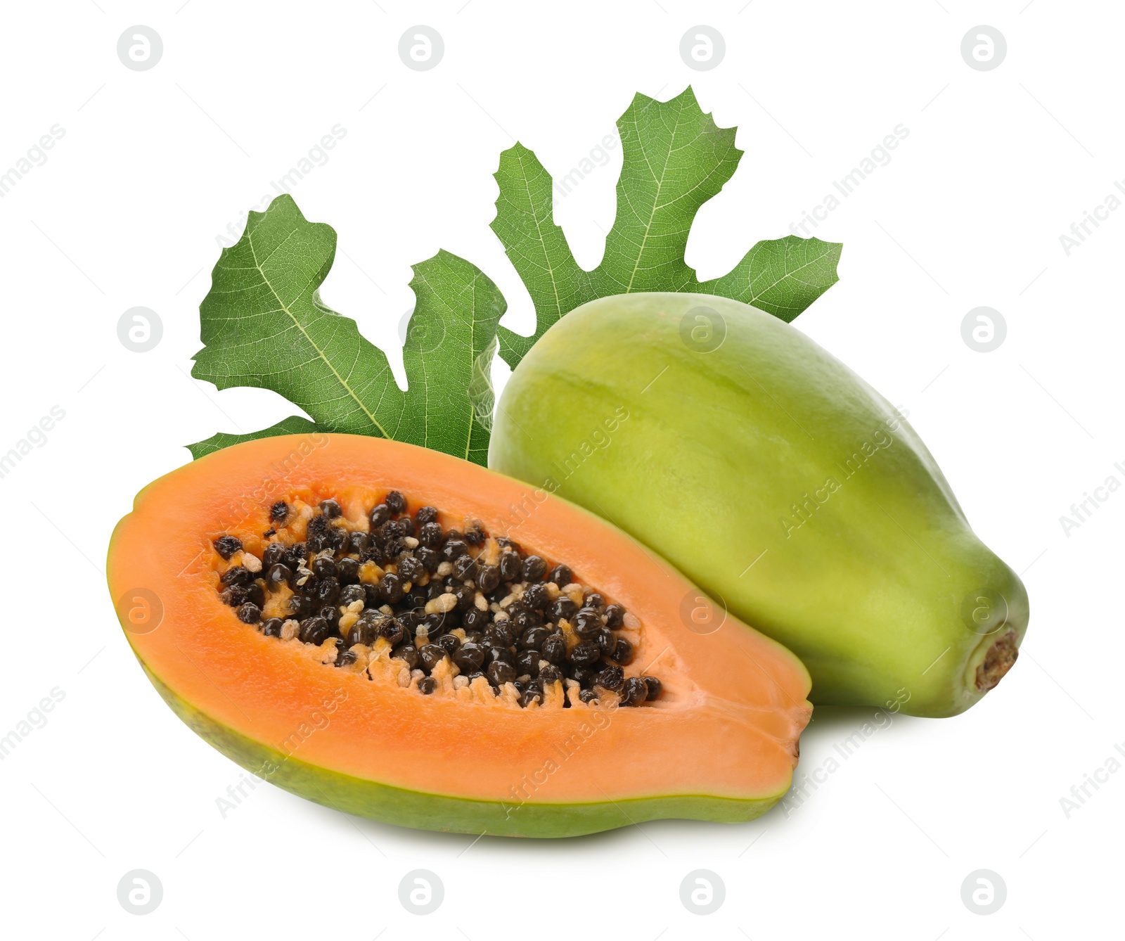 Image of Fresh ripe papaya fruits and green leaves on white background