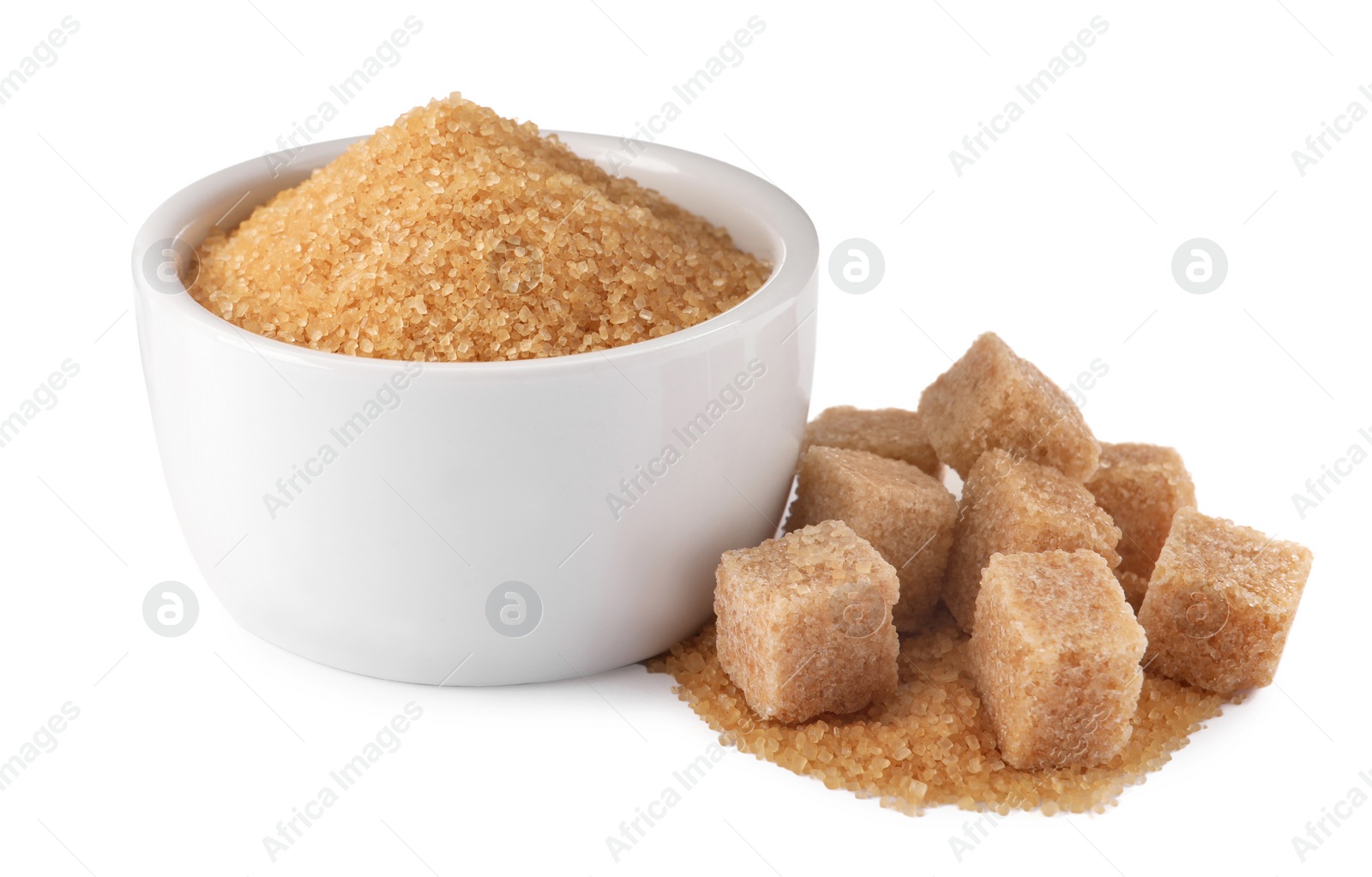 Photo of Granulated and cubed brown sugar with bowl on white background