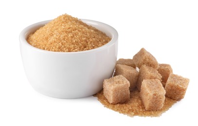 Photo of Granulated and cubed brown sugar with bowl on white background
