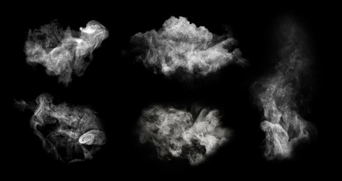 Image of Set with different clouds of white smoke on black background