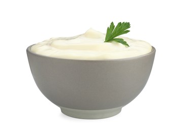 Tasty mayonnaise and parsley in bowl isolated on white