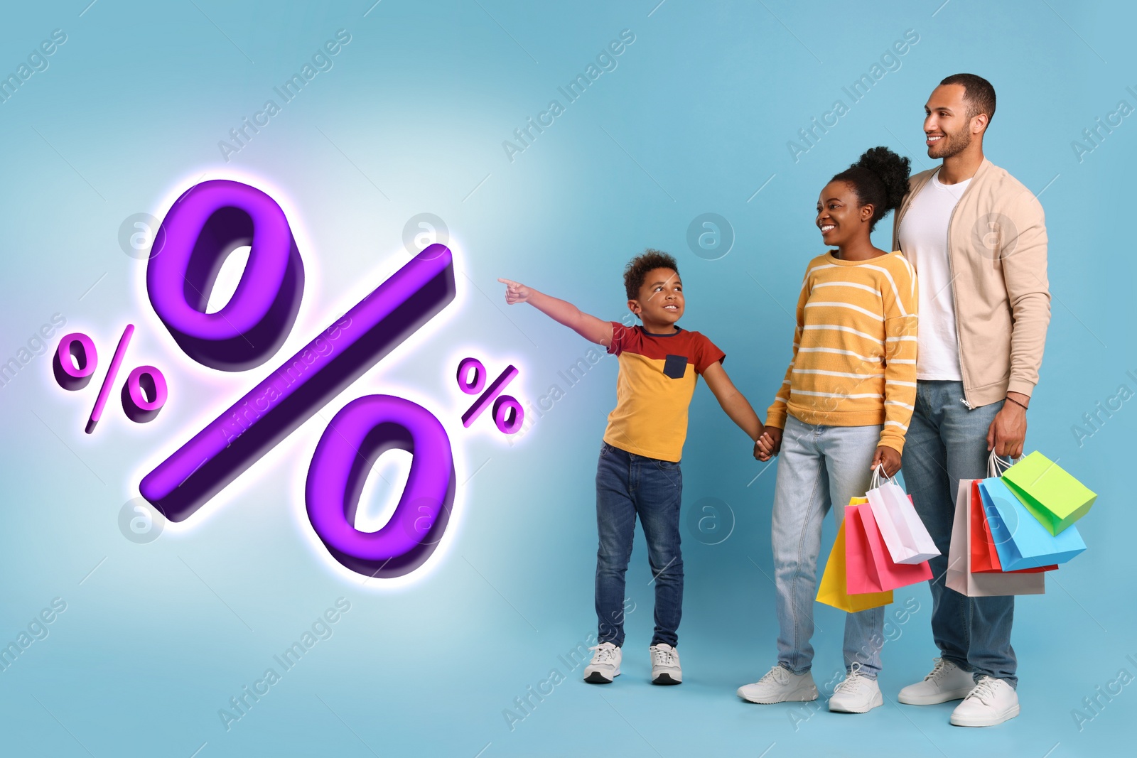 Image of Discount offer. Family with shopping bags looking at percent signs on light blue background