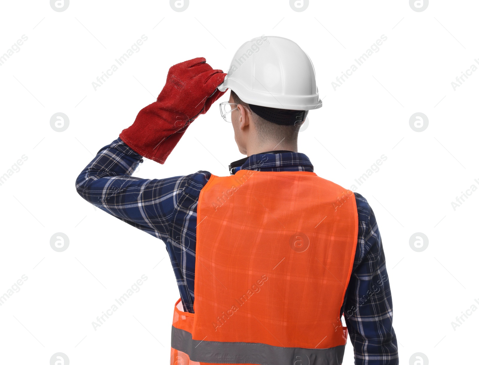 Photo of Young man wearing safety equipment on white background, back view