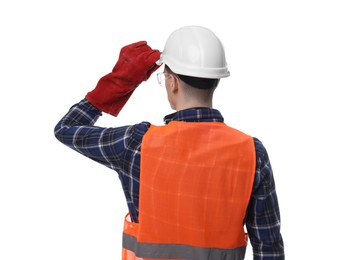 Photo of Young man wearing safety equipment on white background, back view