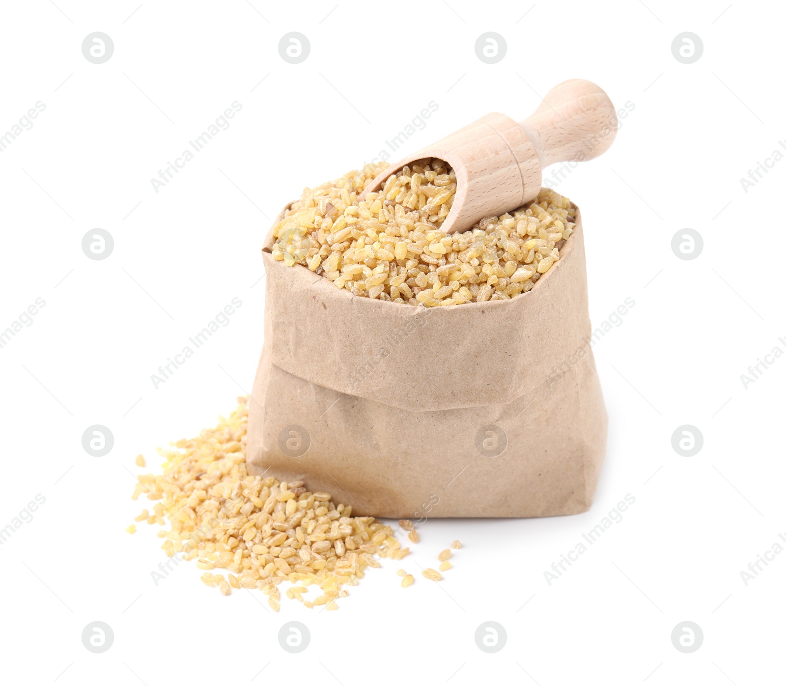 Photo of Paper bag and scoop with raw bulgur isolated on white