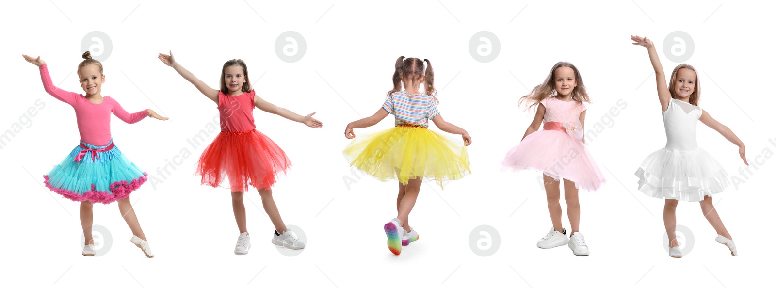 Image of Cute little girls dancing on white background, set of photos