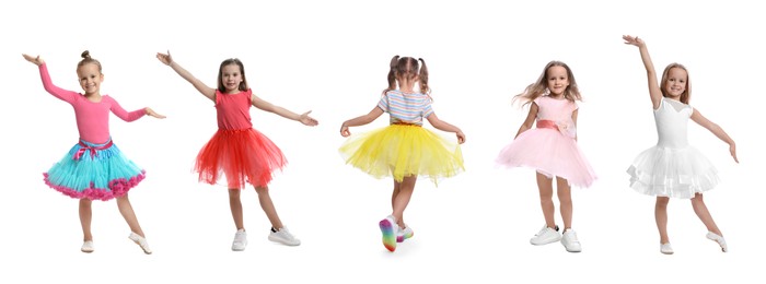 Image of Cute little girls dancing on white background, setphotos