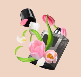 Bottle of perfume and tulips in air on dark beige background