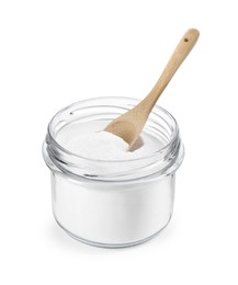 Photo of Baking soda and spoon in glass jar isolated on white