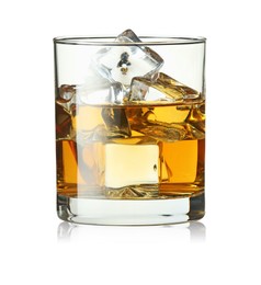 Whiskey and ice cubes in glass isolated on white