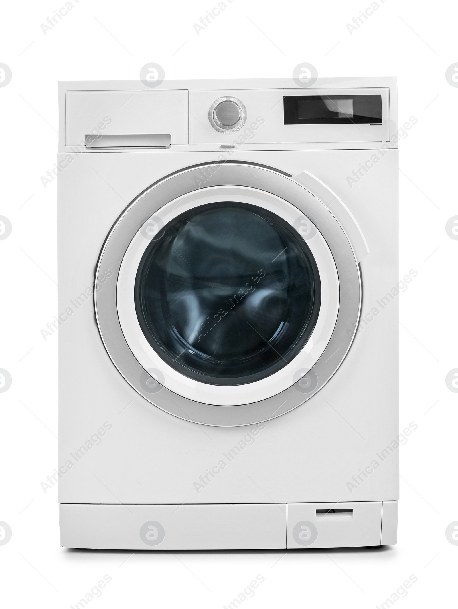 Photo of Modern washing machine on white background. Laundry day