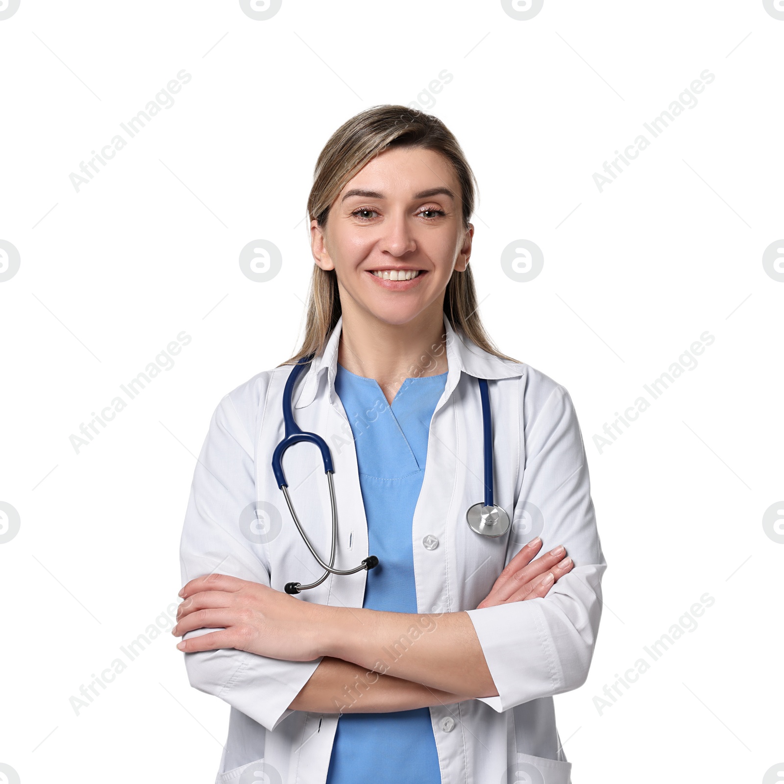 Photo of Portrait of happy doctor with stethoscope on white background