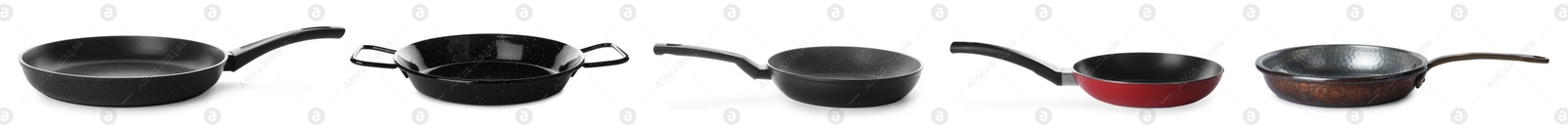 Image of Set with different frying pans on white background. Banner design