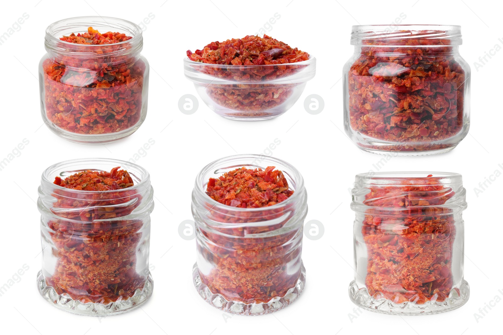 Image of Aromatic spices. Red chili pepper flakes in glass jars and bowl on white background, set