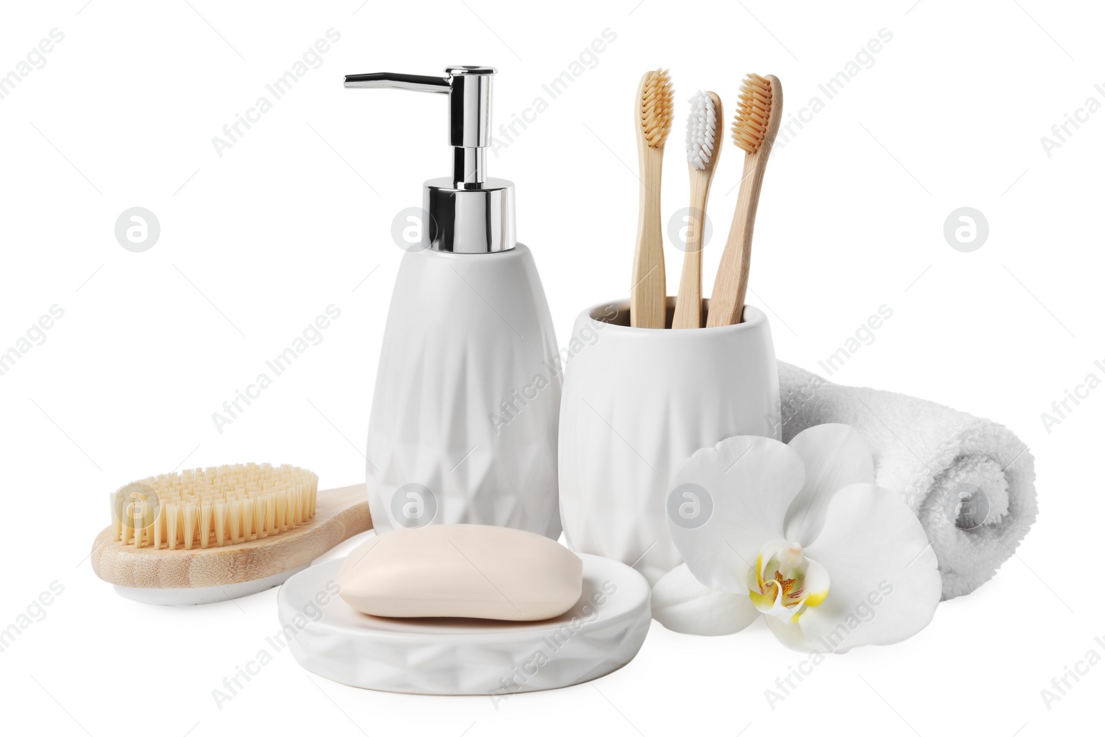 Photo of Bath accessories. Set of different personal care products and flower isolated on white