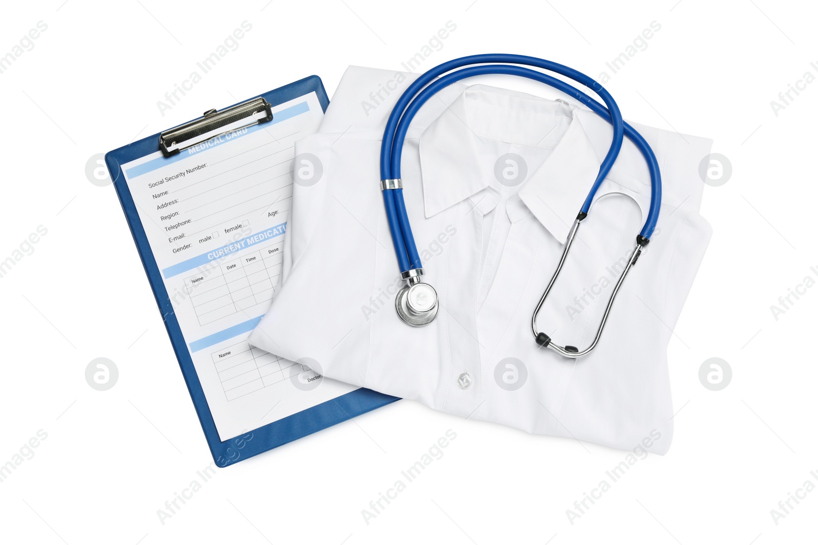 Photo of Medical uniform, stethoscope and clipboard on white background, top view