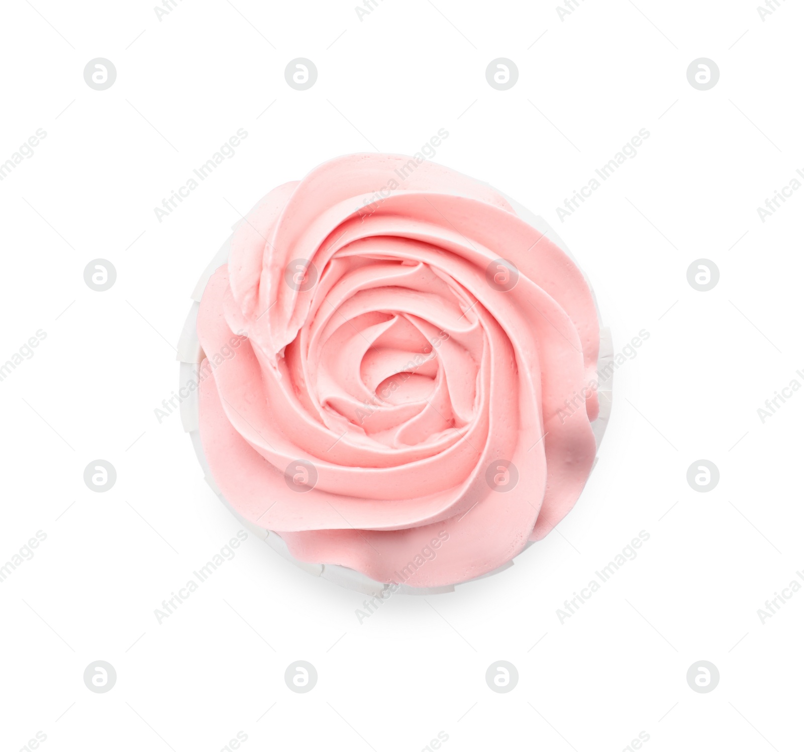 Photo of Baby shower cupcake with pink cream isolated on white, top view