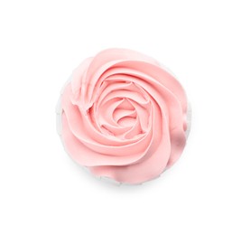 Photo of Baby shower cupcake with pink cream isolated on white, top view
