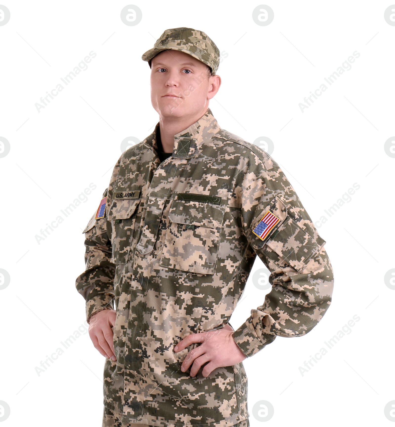 Photo of Male soldier on white background. Military service