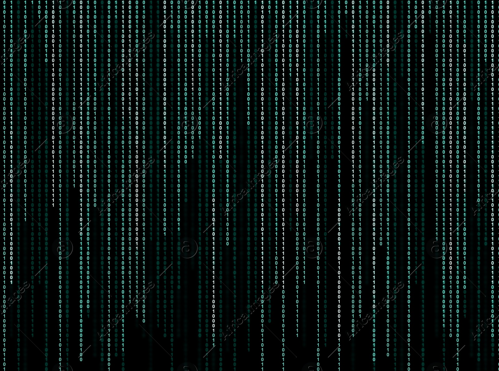 Illustration of Binary code in digital space. 1s and 0s on black background