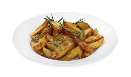 Delicious baked potatoes with rosemary isolated on white