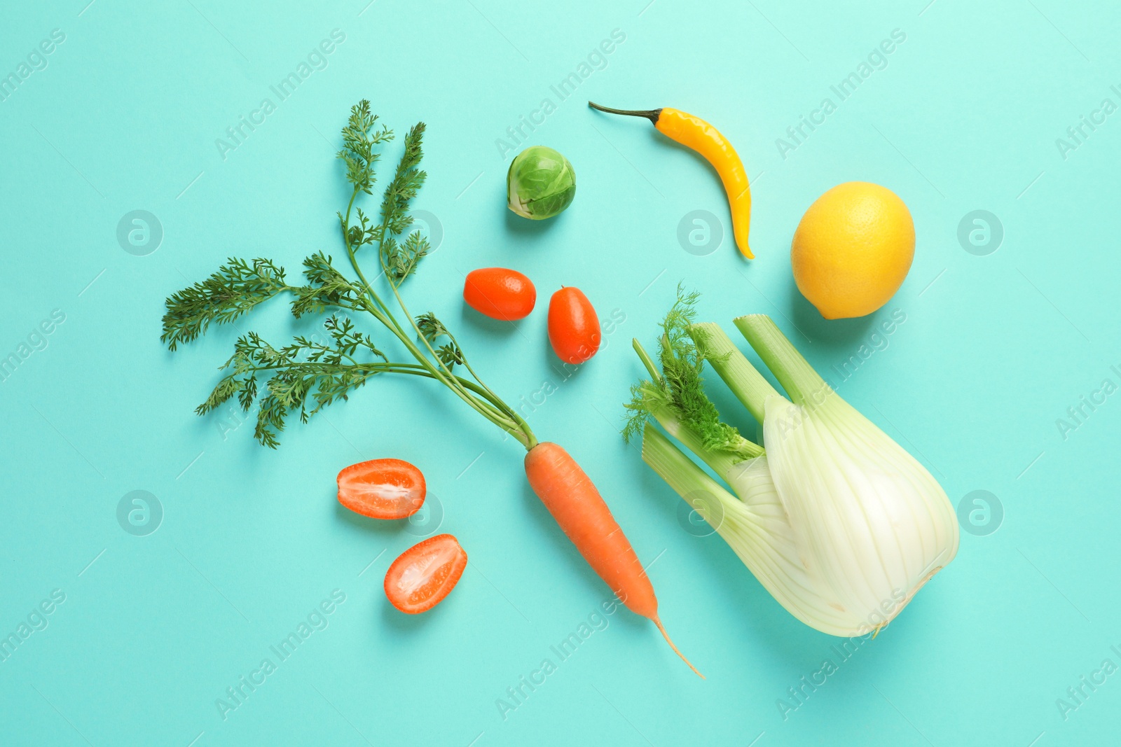 Photo of Flat lay composition with fresh fruits and vegetables on color background