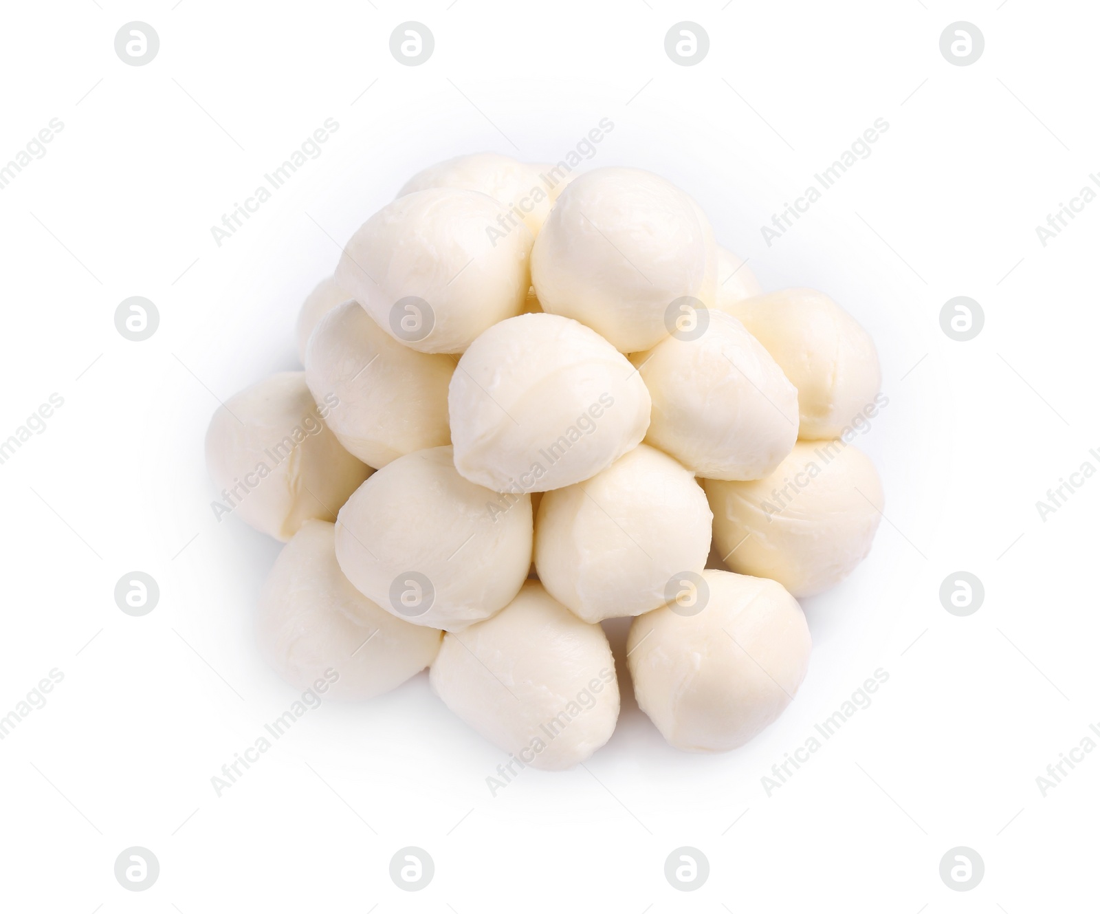 Photo of Many tasty mozzarella balls isolated on white, above view