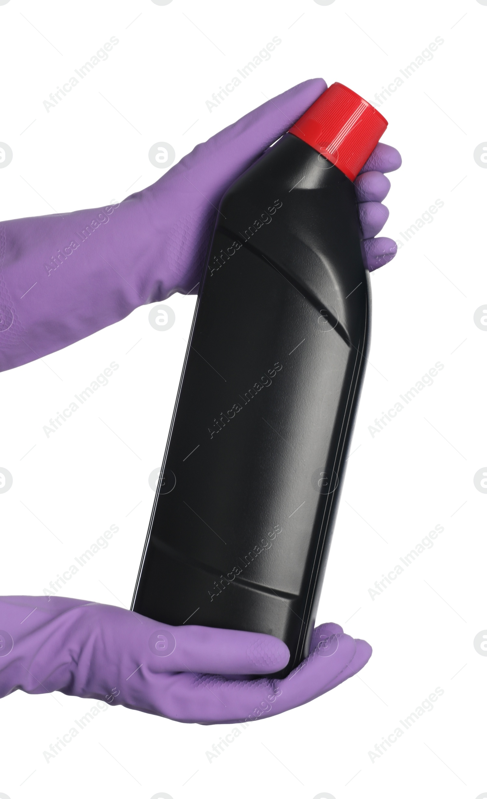 Photo of Woman holding bottle of liquid toilet cleaner on white background, closeup