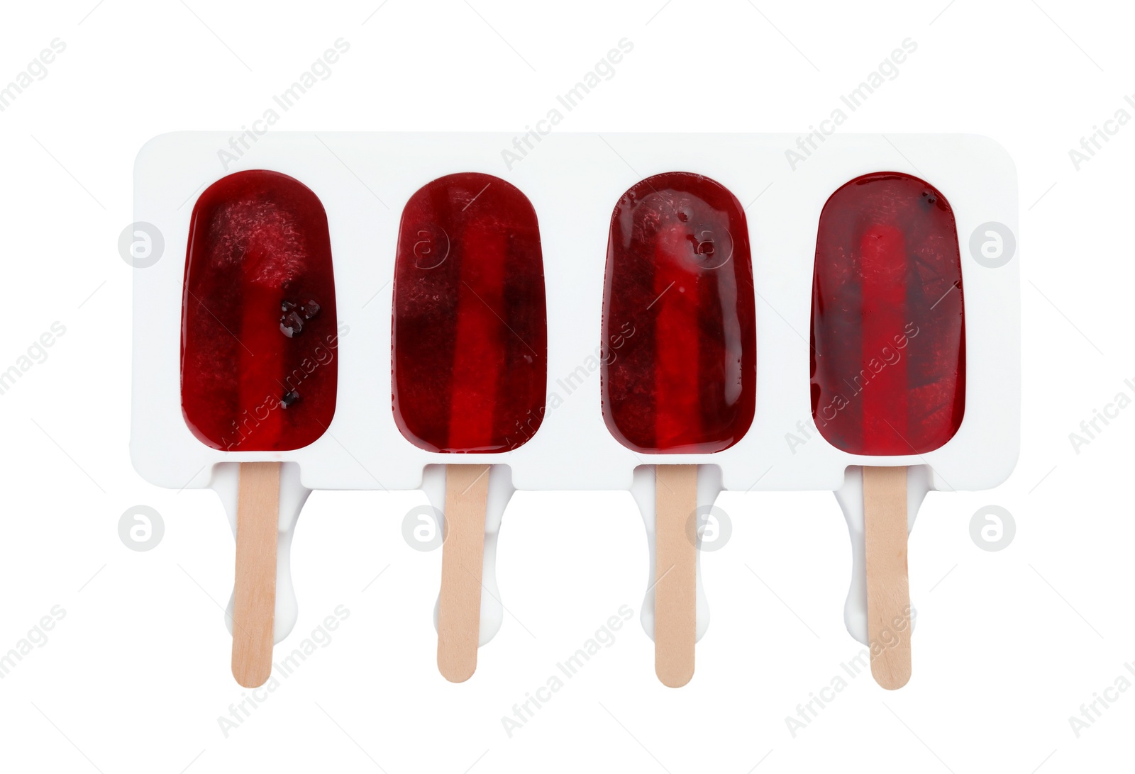 Photo of Tasty ice pops in mold isolated on white. Fruit popsicle