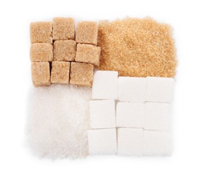 Photo of Different types of sugar on white background, top view