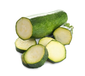 Photo of Slices of fresh ripe zucchini isolated on white