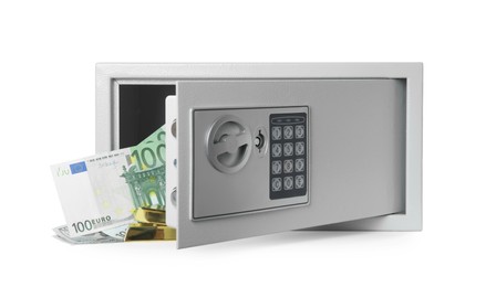 Photo of Open steel safe with money and gold bars on white background