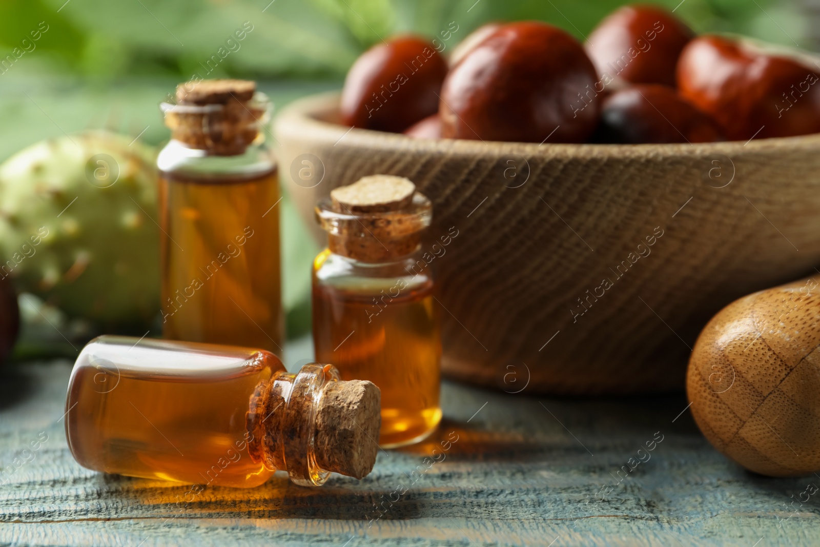 Photo of Mortar with pestle, chestnuts and bottles of essential oil on blue wooden table, closeup