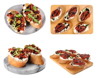 Image of Delicious bruschettas with cream cheese and balsamic vinegar isolated on white, top and side views