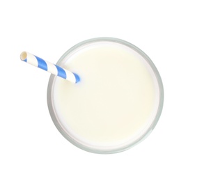 Photo of Glass of milk with straw on white background, top view