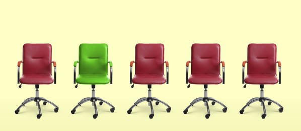 Image of Vacant position. Green office chair among red ones on beige background, banner design