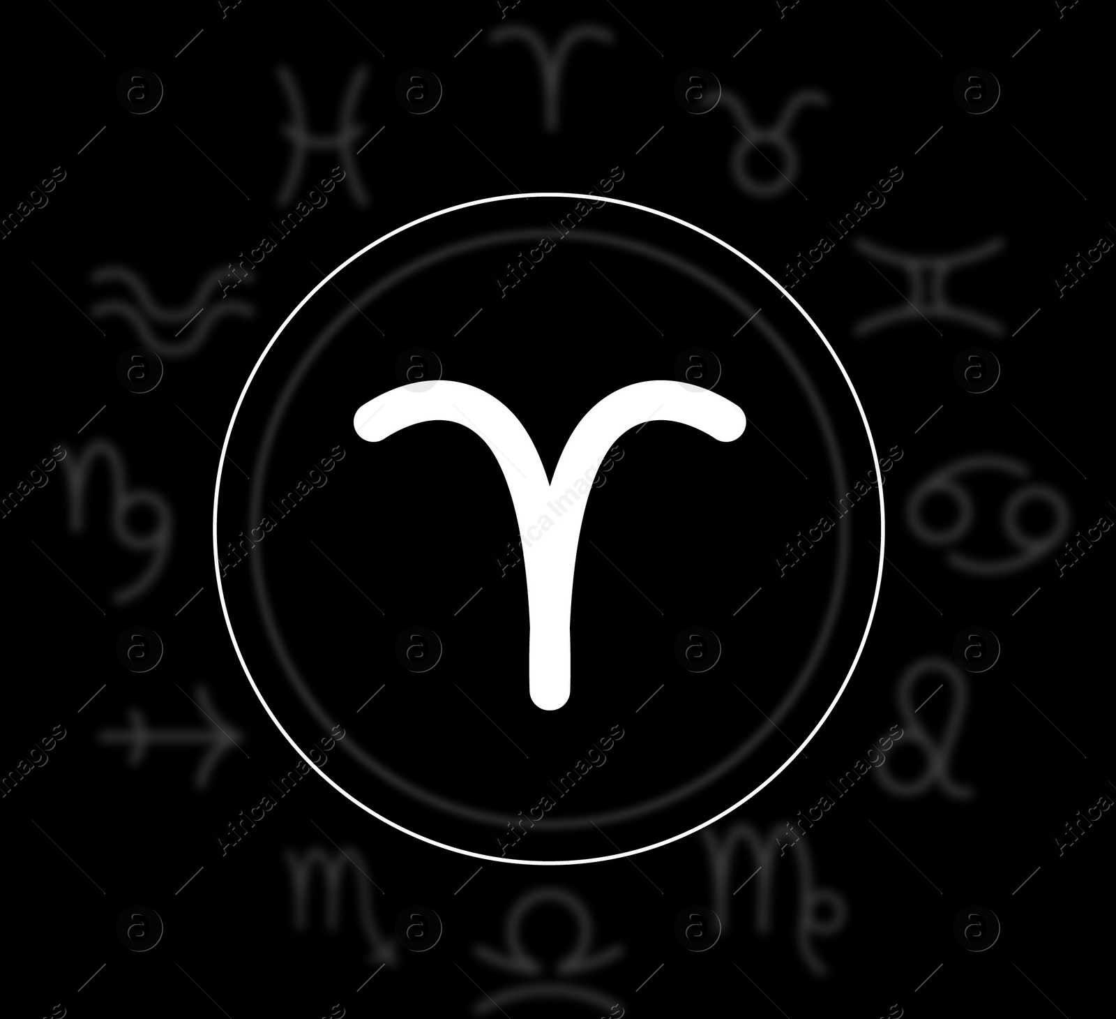 Illustration of Aries astrological sign and zodiac wheel on black background. Illustration 