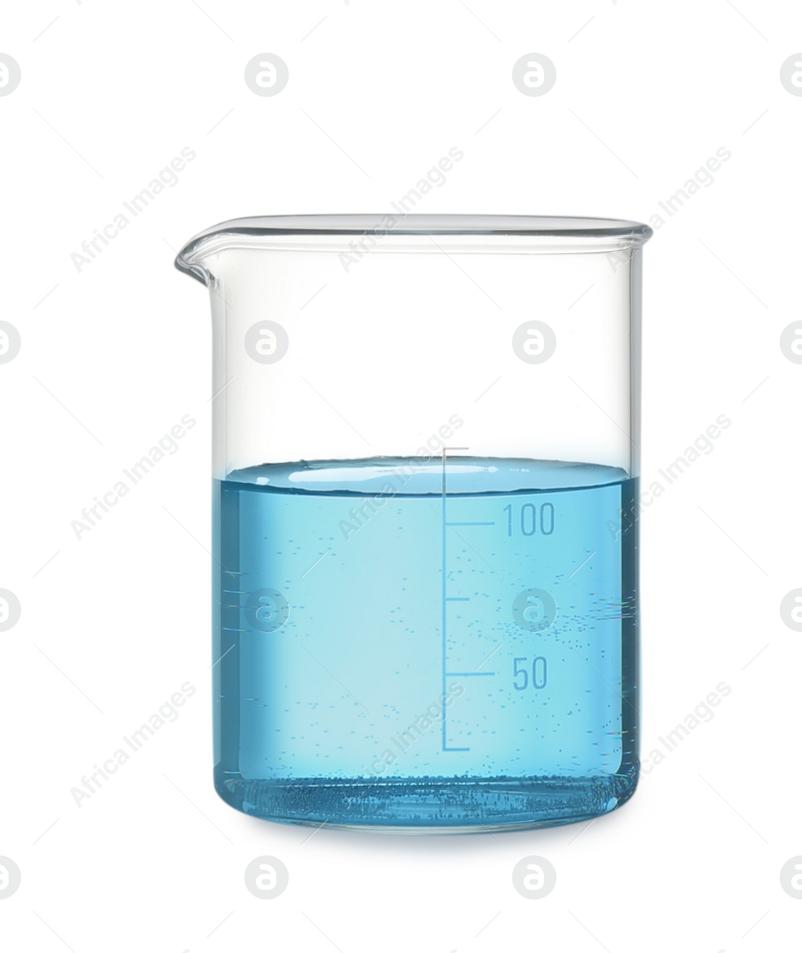 Photo of Beaker with light blue liquid isolated on white