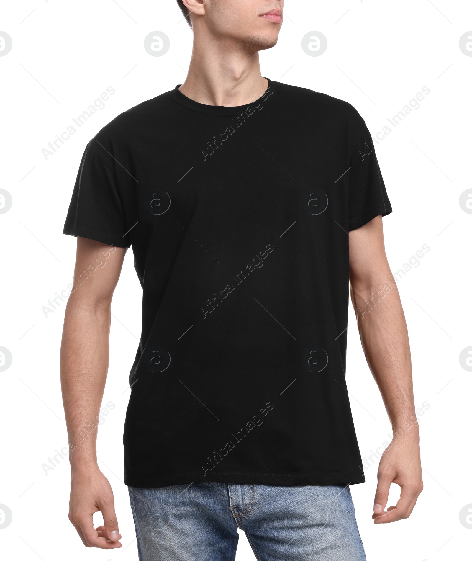 Photo of Young man wearing black t-shirt on white background, closeup