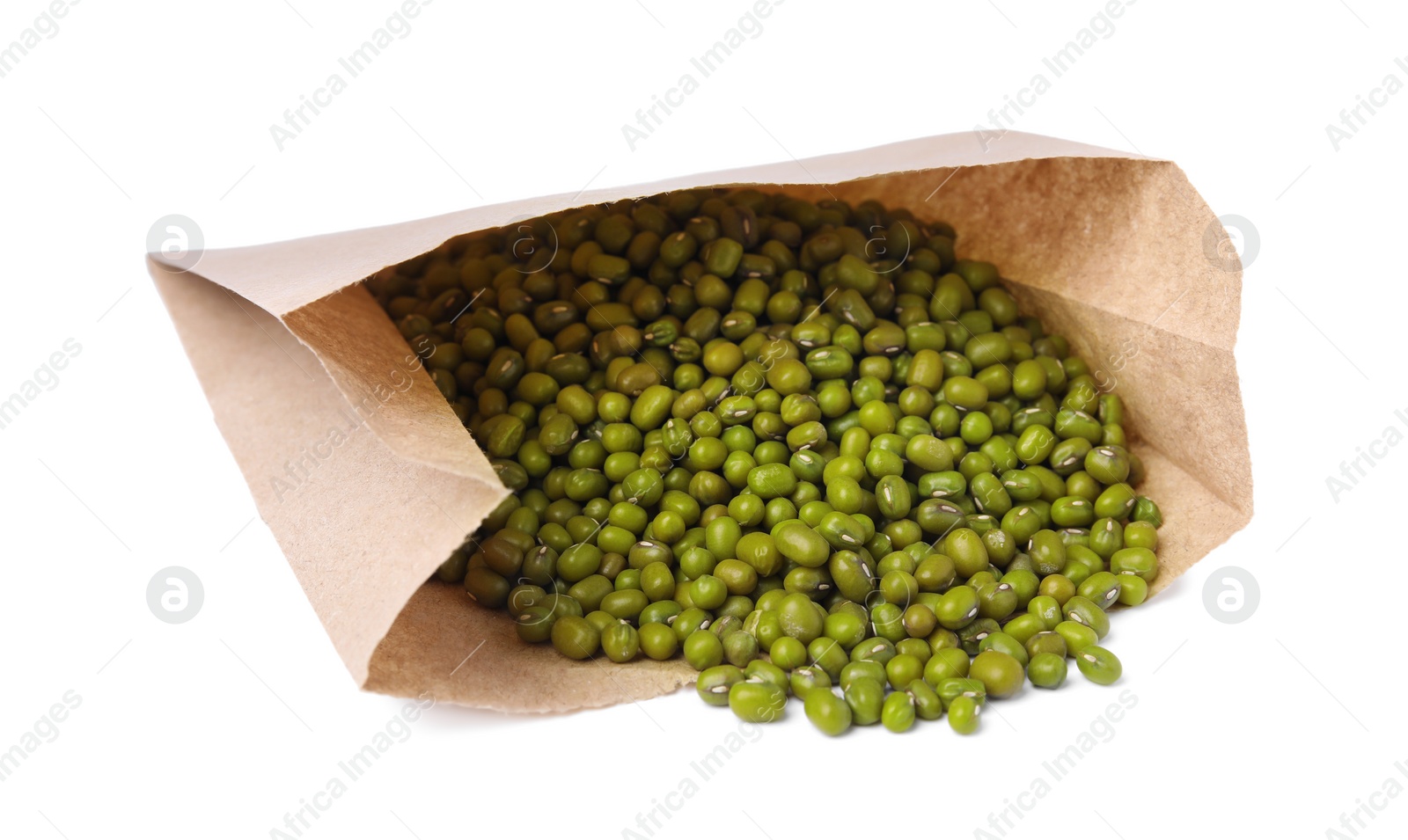 Photo of Raw mung beans with paper bag isolated on white