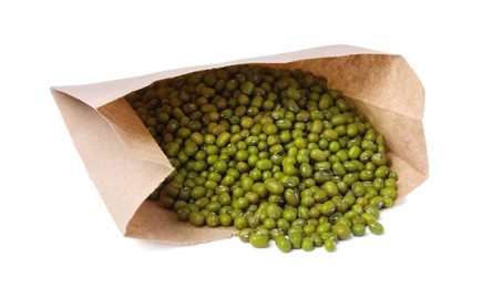 Raw mung beans with paper bag isolated on white