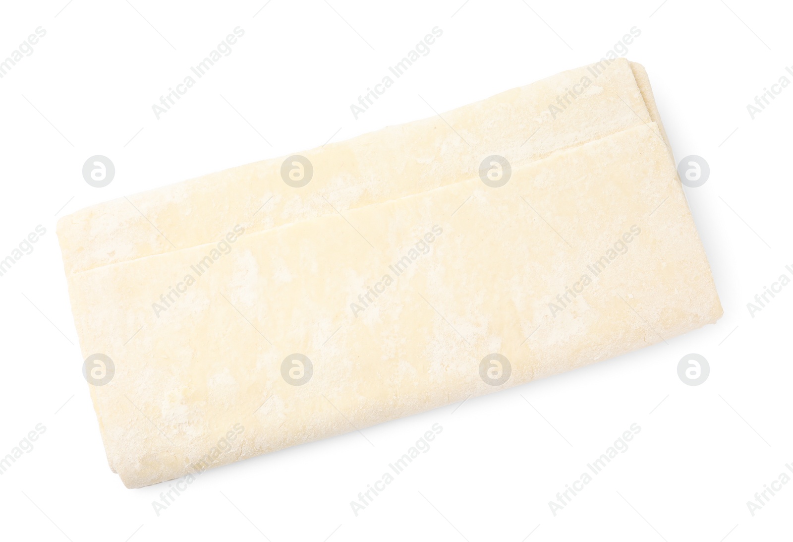 Photo of Raw puff pastry dough isolated on white, top view