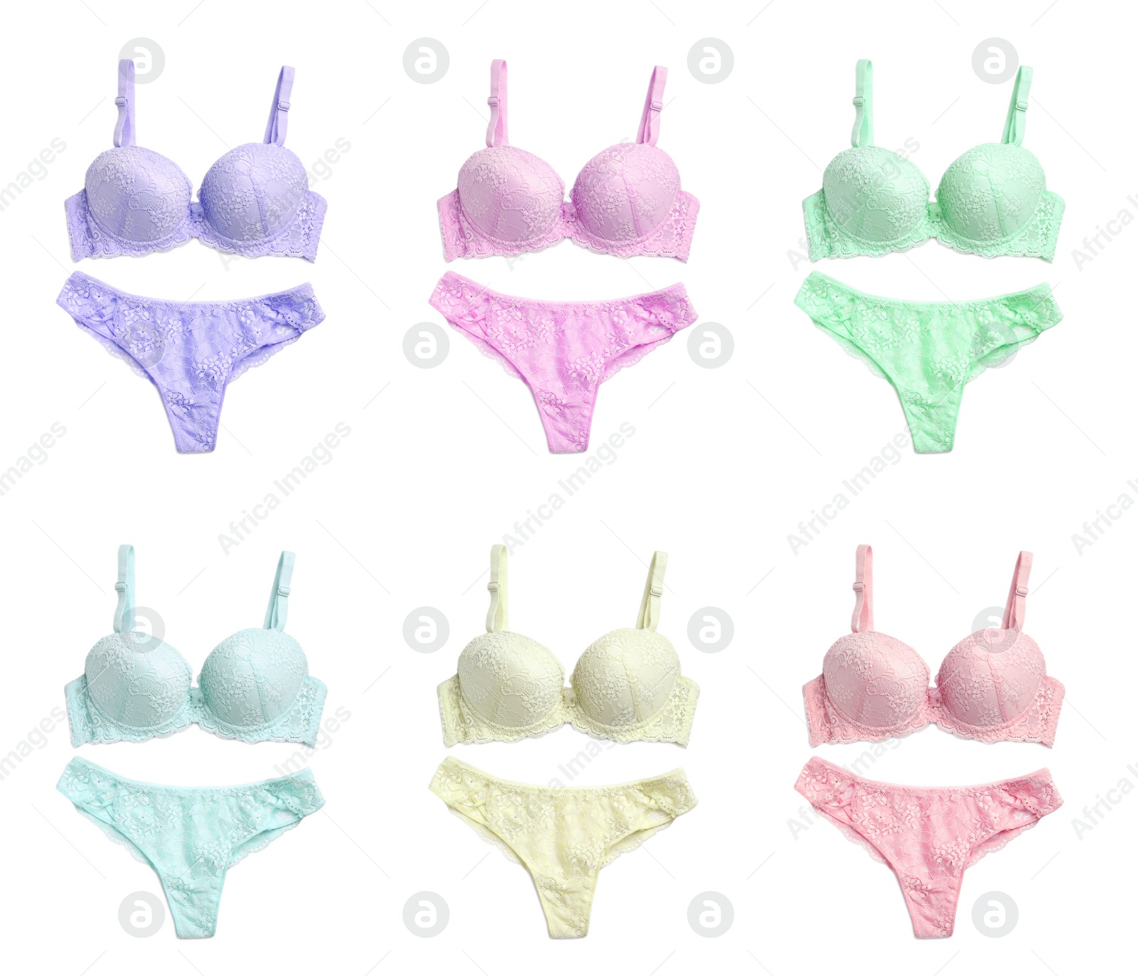 Image of Set of elegant women's underwear on white background
