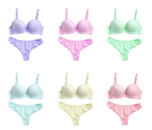 Image of Set of elegant women's underwear on white background